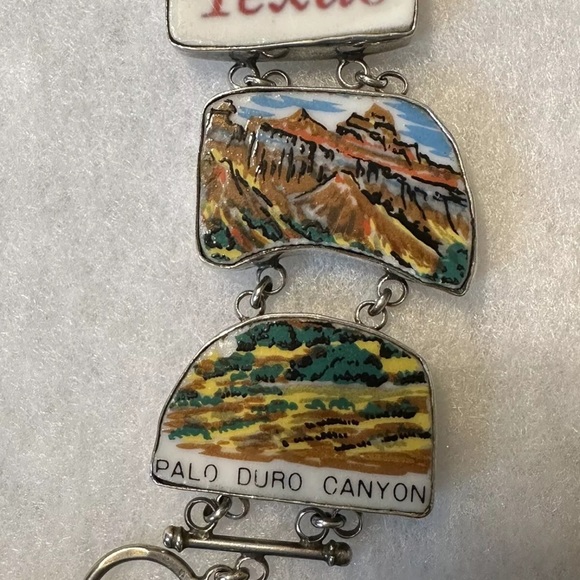 TEXAS SOUVENIR PLATE THEMED ARTISAN STERLING LINK W/TOPAZ ACCENTS BRACELET 8-9” - Picture 5 of 11